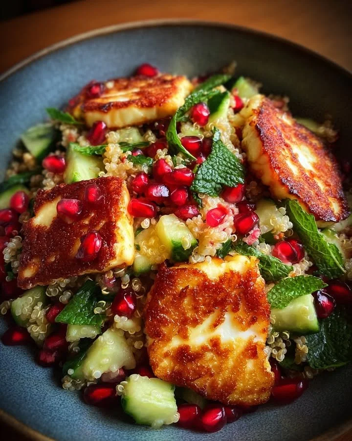 Halloumi and pomegranate quinoa salad with mint-lemon dressing