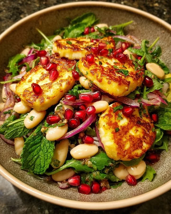 Halloumi and pomegranate salad with white beans and mint-lemon dressing