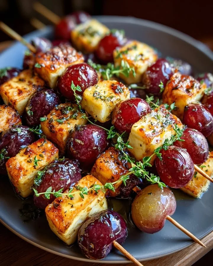 Halloumi skewers with roasted grapes drizzled in honey-lemon glaze