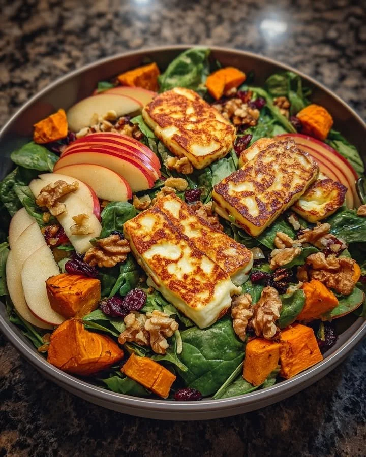 Tasty Halloumi Salad with apples and roasted sweet potatoes on a plate