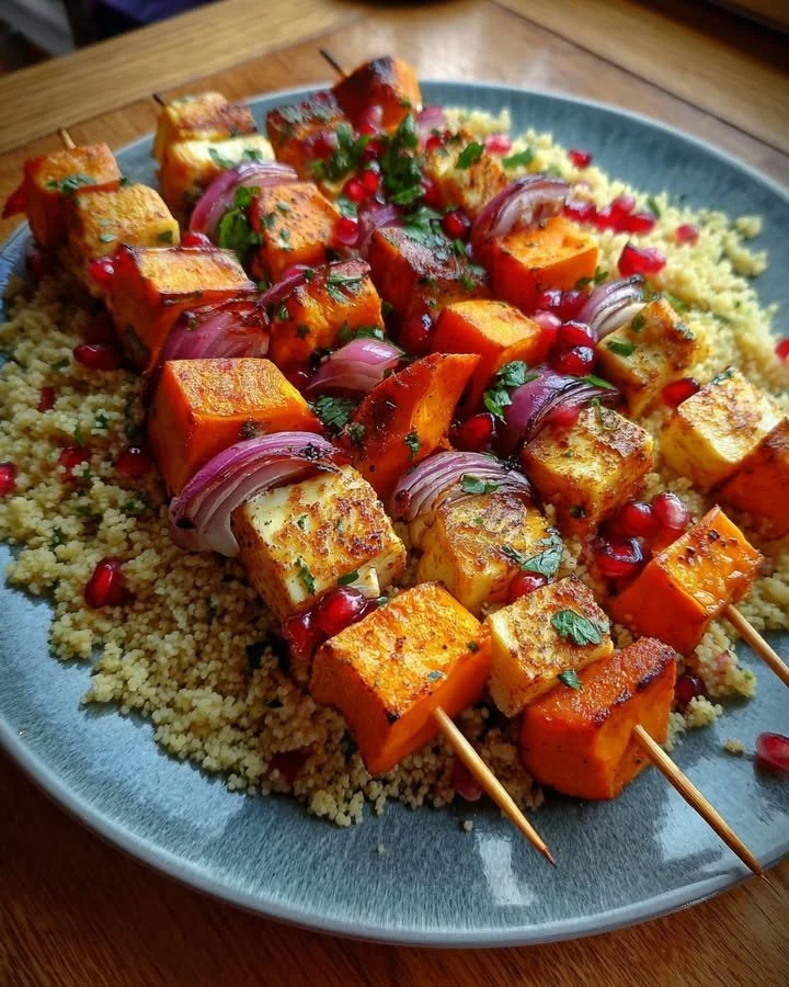 Halloumi skewers with sweet potato, herbed couscous, and pomegranate glaze.