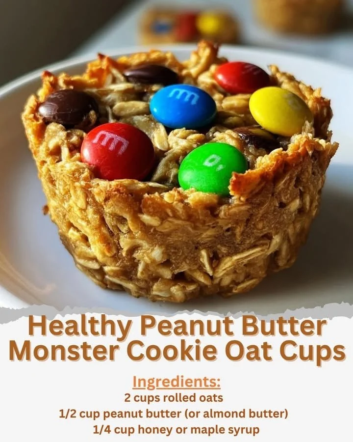 Healthy peanut butter monster cookie oat cups topped with chocolate chips and oats.