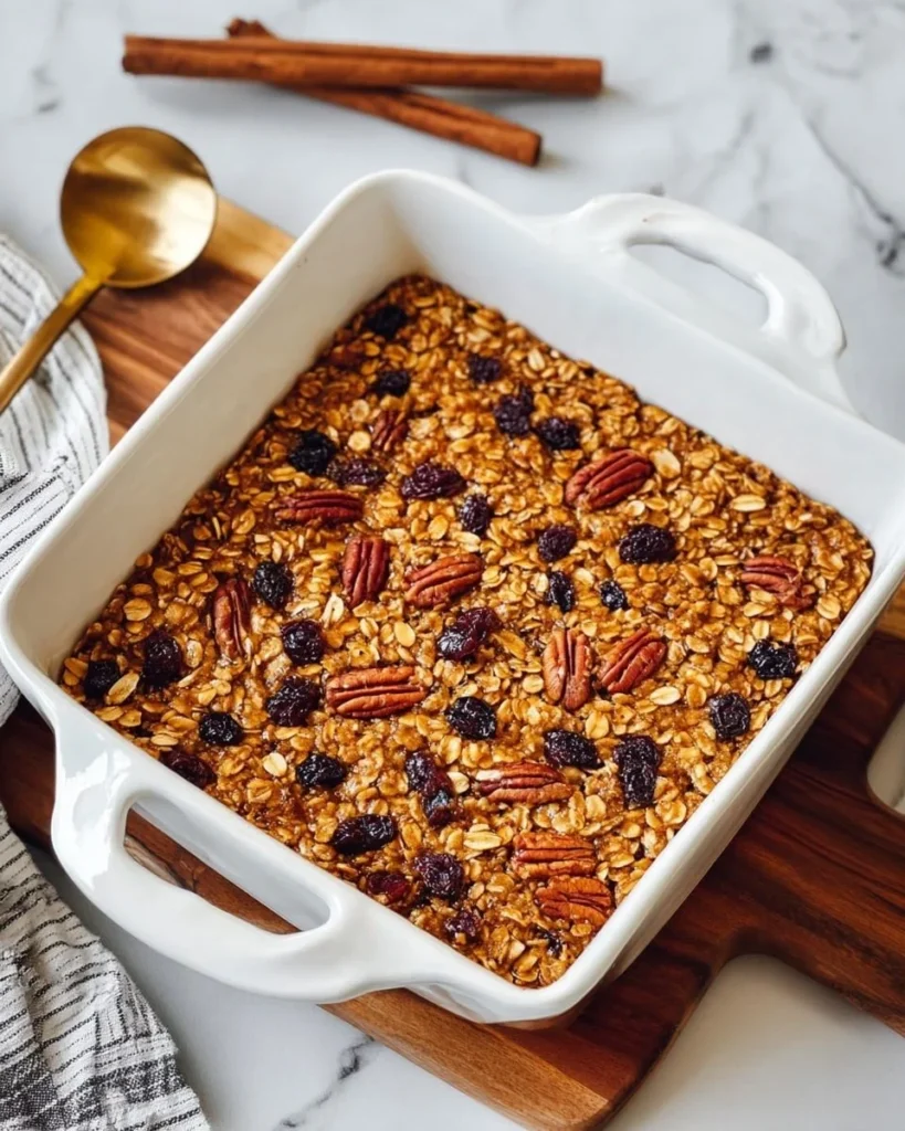 Delicious bowl of healthy pumpkin baked oatmeal topped with nuts and spices