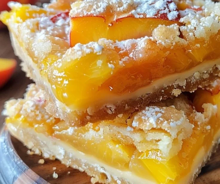 Deliciously baked summer peach bars topped with fresh peaches.