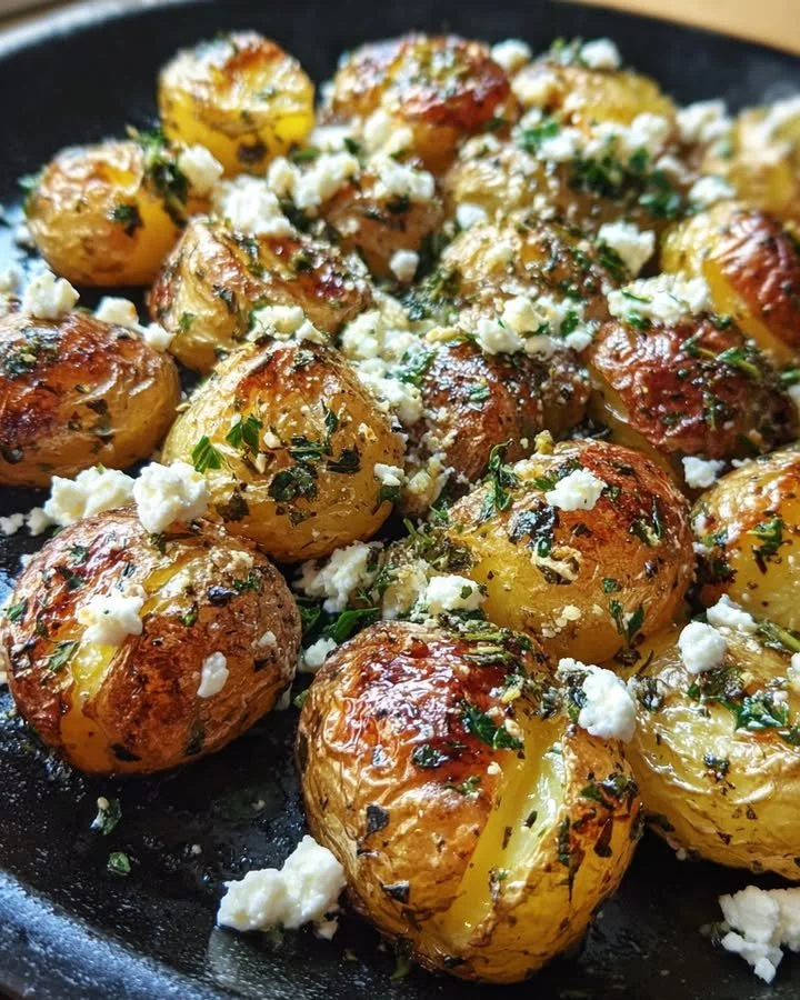 Herbed baby potatoes with creamy feta and citrus drizzle on a plate