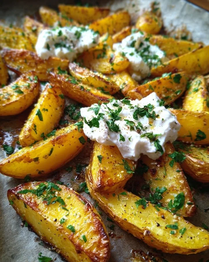 Herbed Yukon Gold potatoes served with whipped goat cheese, garnished with herbs