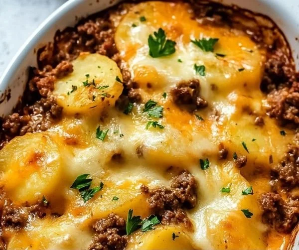 Delicious Hobo Casserole with ground beef and potatoes served in a casserole dish