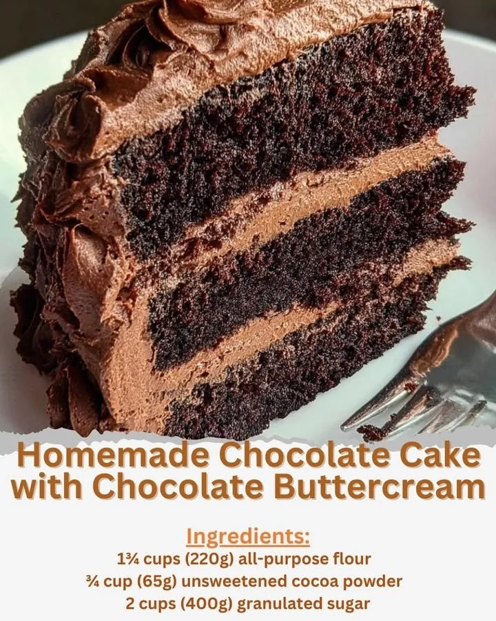 Delicious homemade chocolate cake with chocolate buttercream frosting