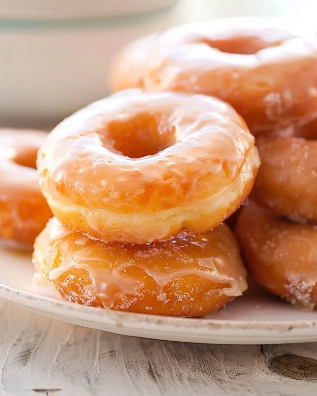 Freshly made homemade glazed donuts with a shiny icing glaze