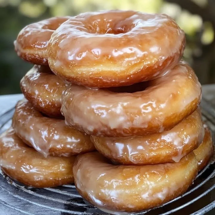 Homemade glazed doughnuts on a plate with glaze drizzling down