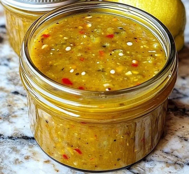 Delicious homemade lemon pepper sauce in a glass bowl with lemon slices
