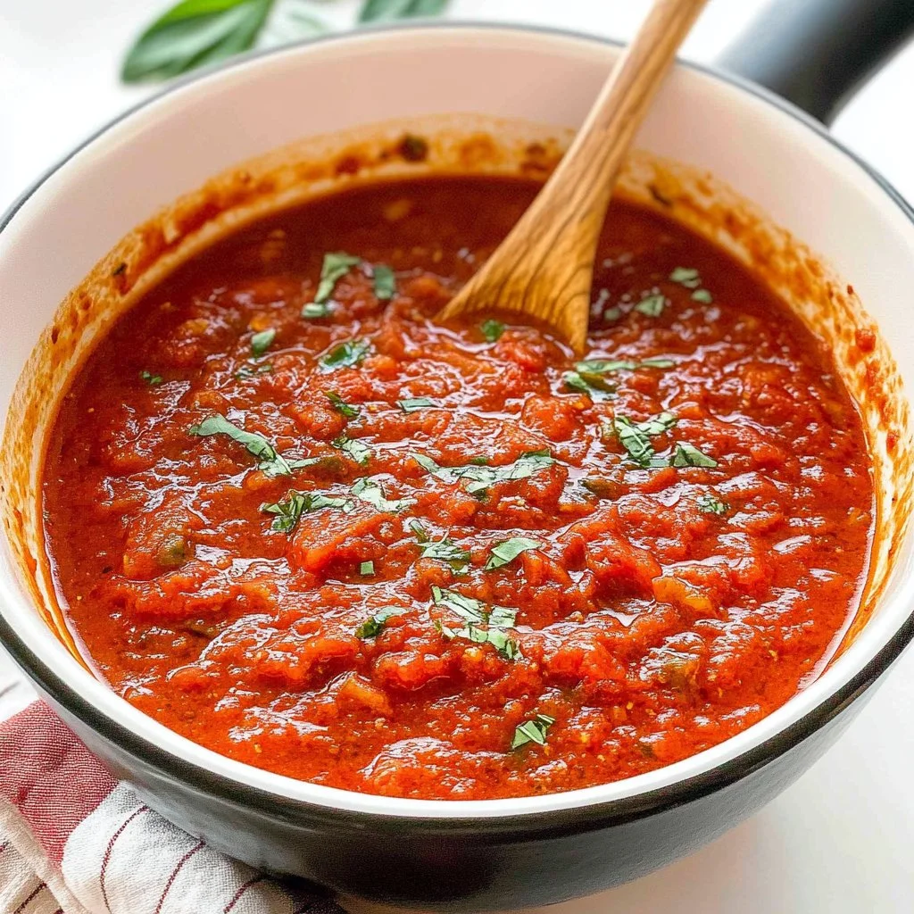Bowl of homemade marinara sauce with fresh basil and tomatoes