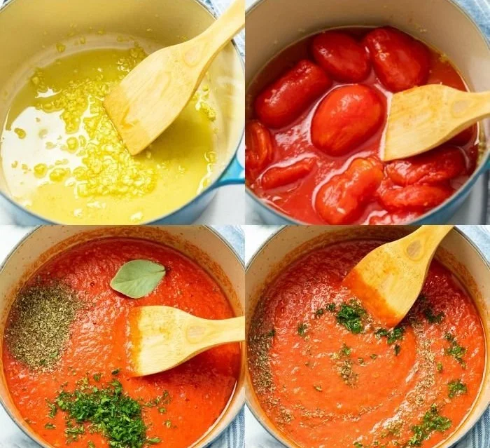 A pot of homemade marinara sauce with fresh tomatoes and basil