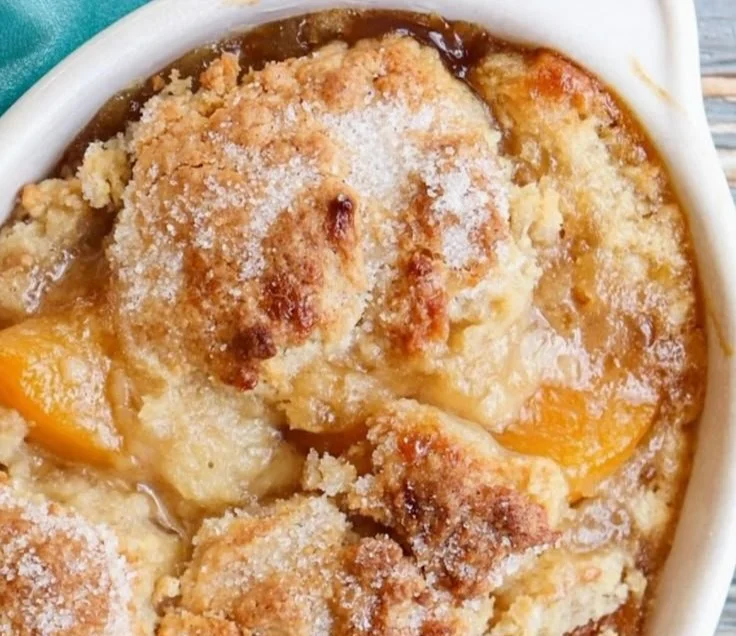 Delicious homemade peach cobbler served warm with a scoop of vanilla ice cream.