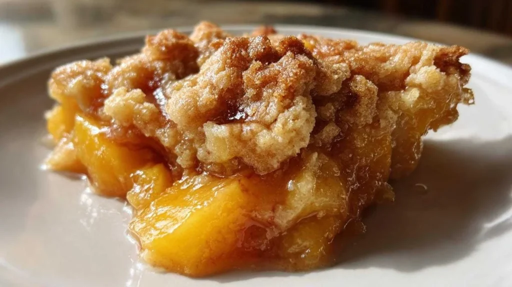 Delicious homemade peach cobbler with golden crust and juicy peaches