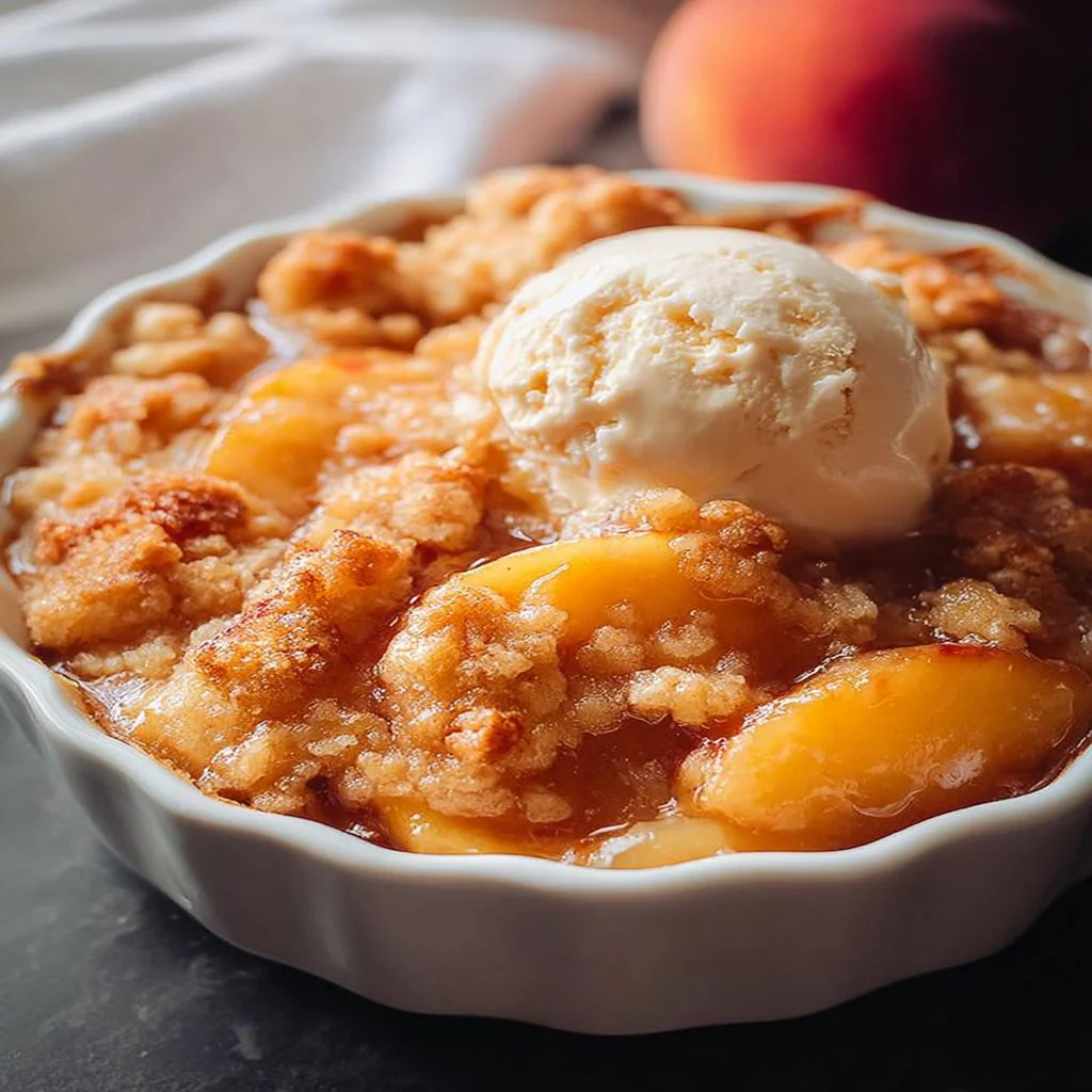 A warm homemade peach cobbler served in a baking dish, topped with ice cream.