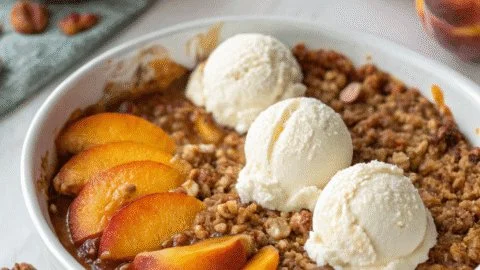 Delicious homemade peach crisp with a golden topping fresh out of the oven.