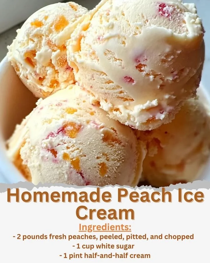 Bowl of homemade peach ice cream with fresh peach slices