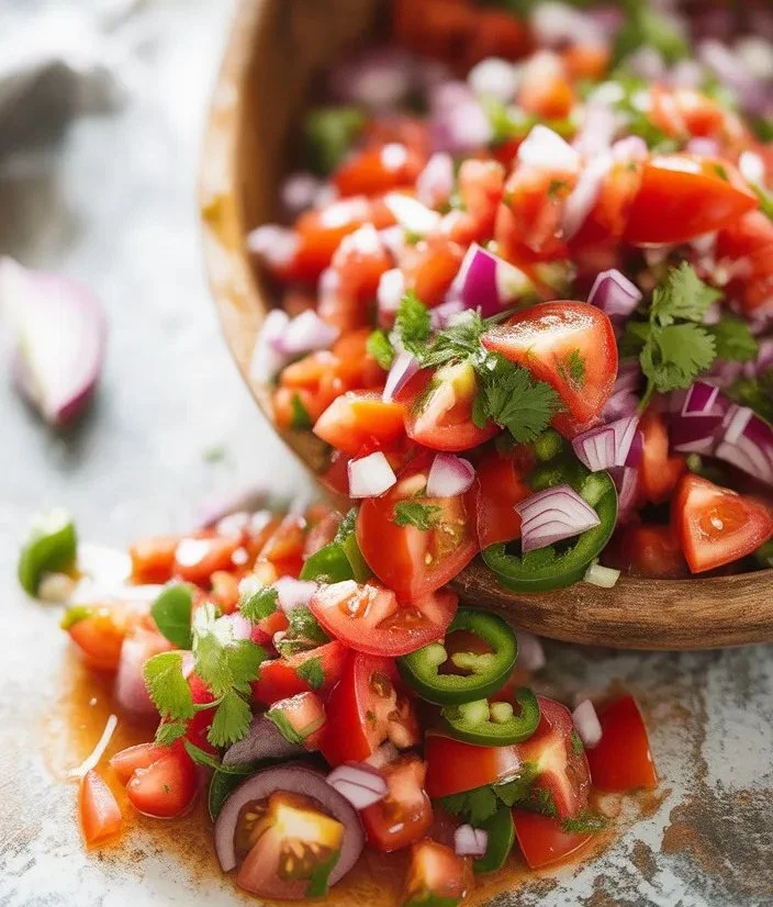 Bowl of homemade salsa made with fresh tomatoes, peppers, and herbs.