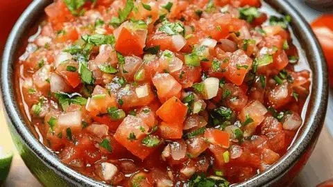 A bowl of homemade salsa made with fresh tomatoes, cilantro, and spices.