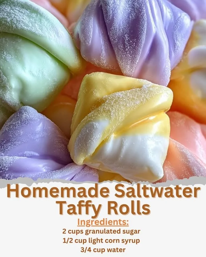 Homemade saltwater taffy rolls on a colorful table.