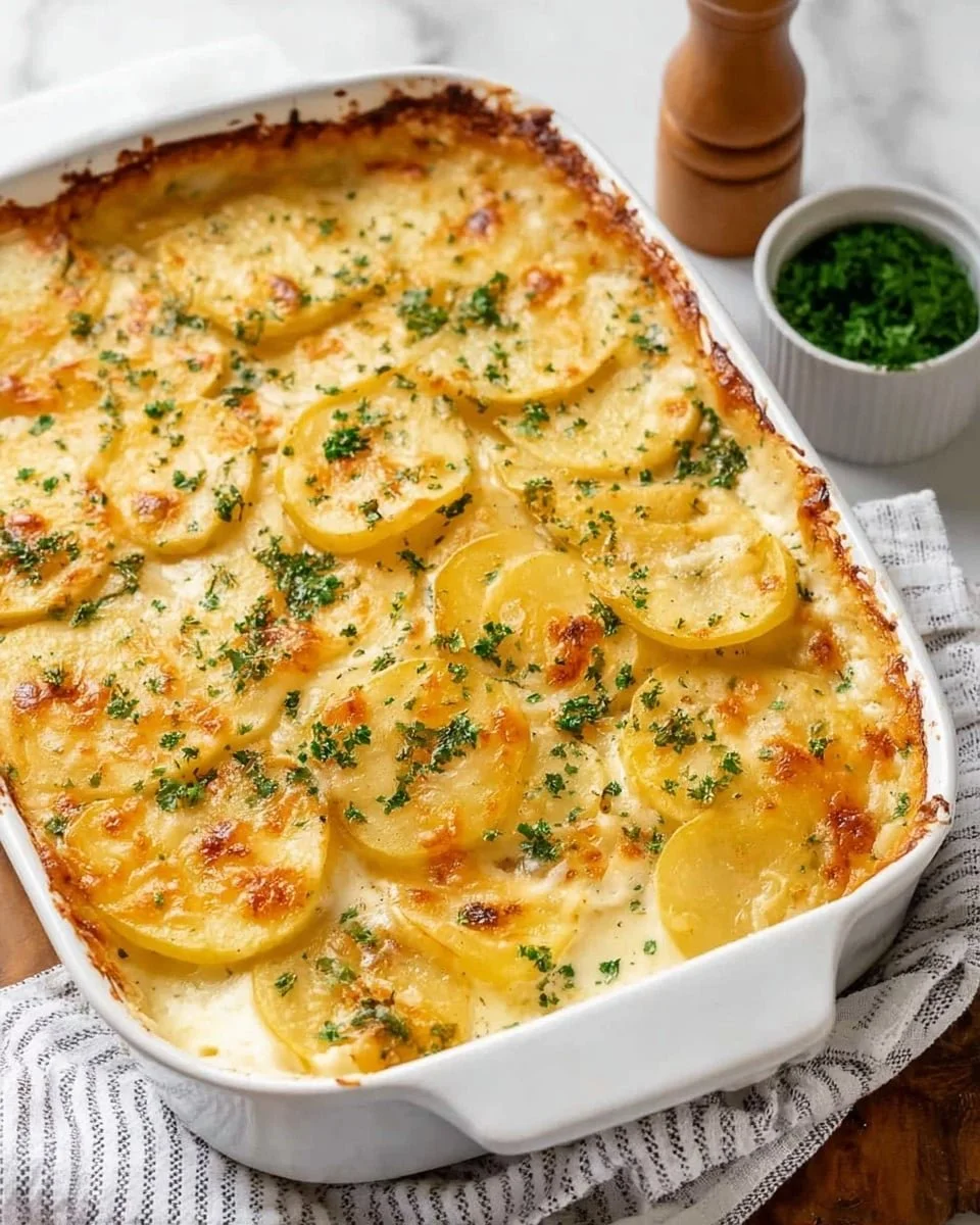 Delicious homemade scalloped potatoes topped with cheese and baked to perfection.