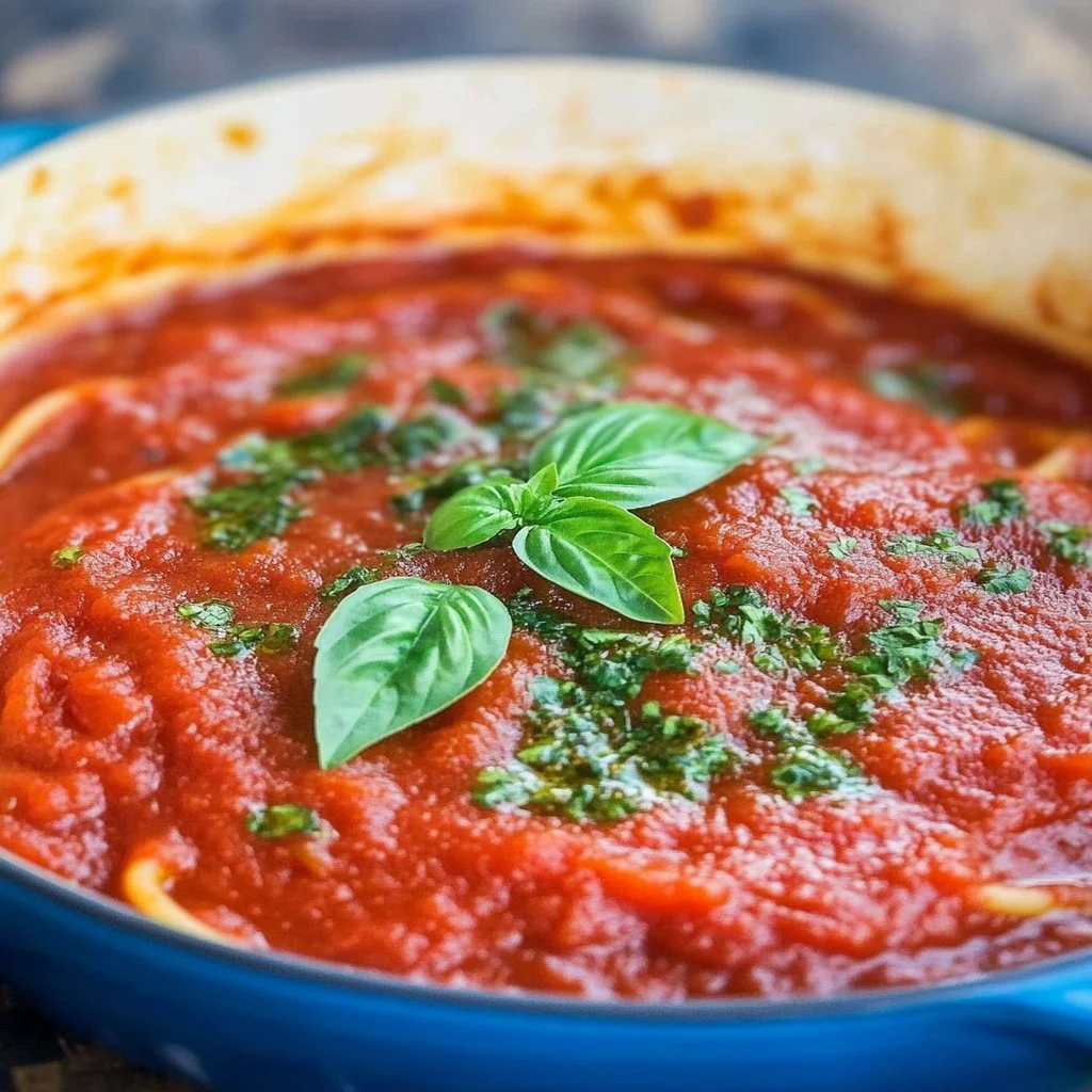 Bowl of homemade spaghetti sauce with fresh herbs and tomatoes