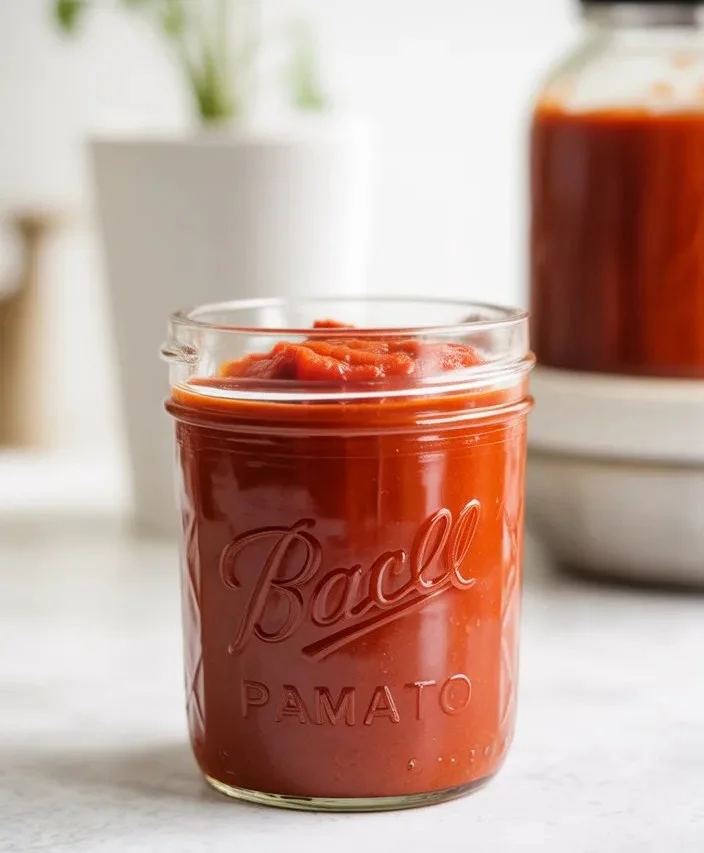 A bowl of homemade tomato paste with fresh tomatoes and herbs in the background.