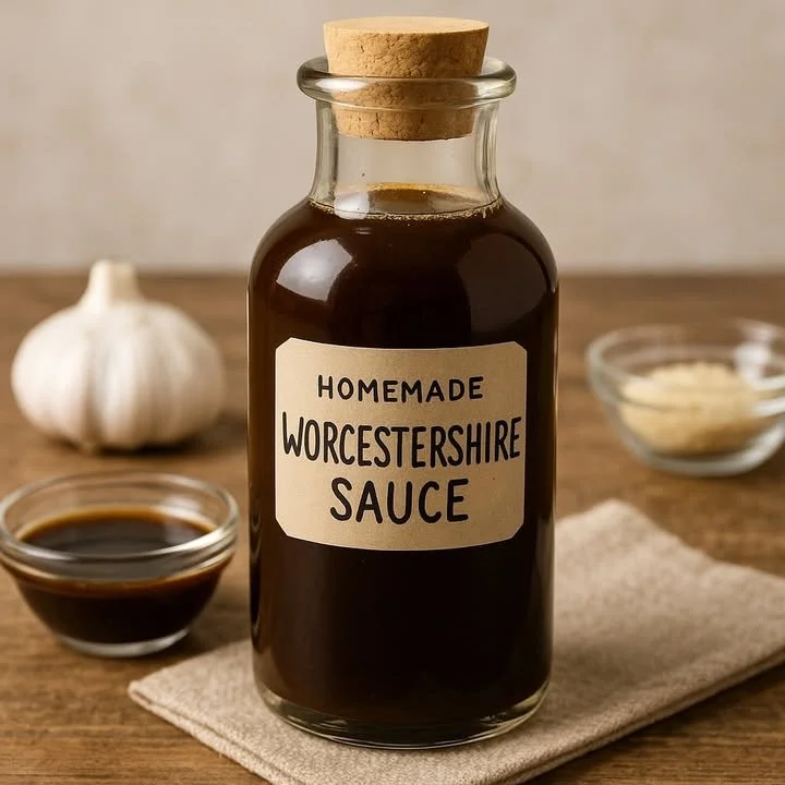 Bottle of homemade Worcestershire sauce on a rustic kitchen table