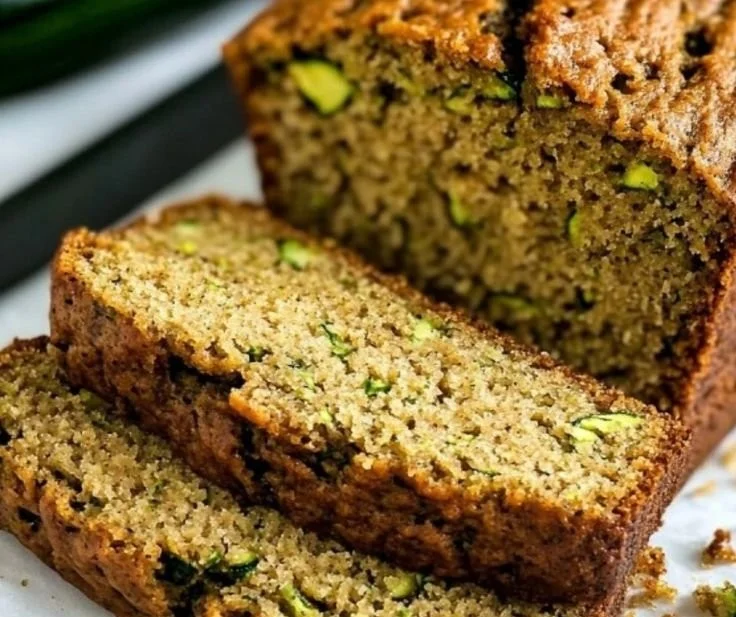 Slice of homemade zucchini bread on a wooden cutting board.