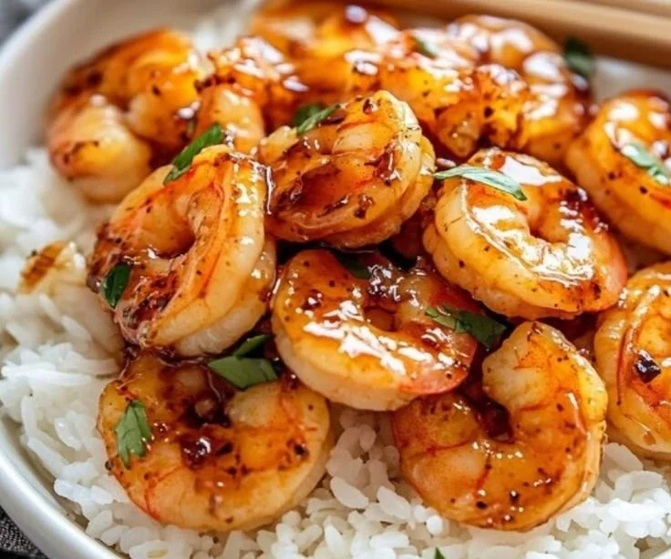 Plate of honey garlic shrimp garnished with herbs