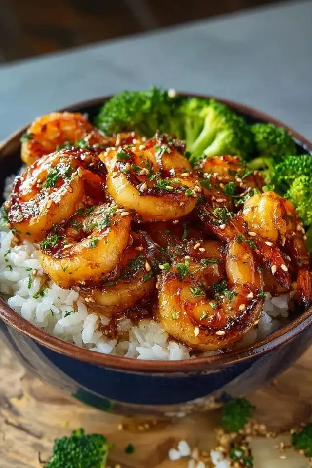 Honey Garlic Shrimp Bowl with vegetables and rice