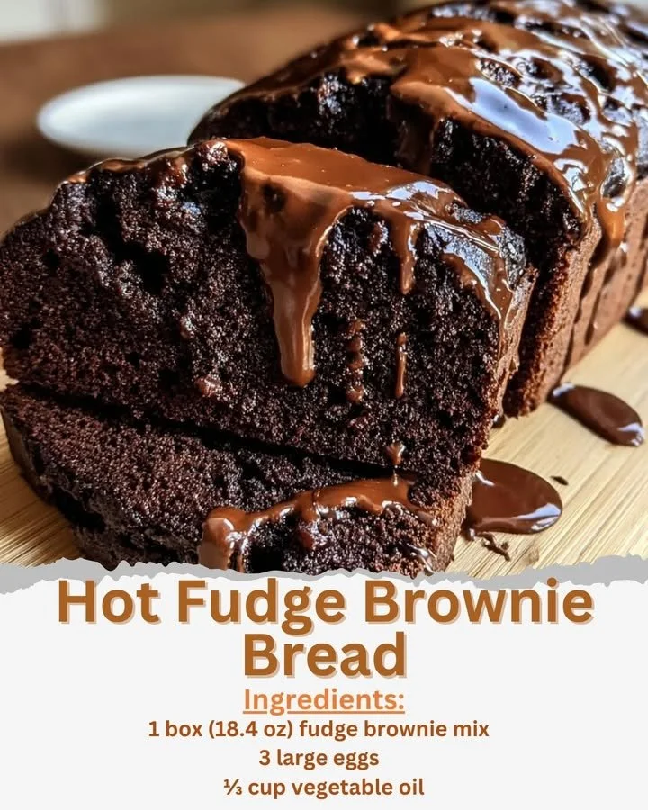 Slice of hot fudge brownie bread drizzled with chocolate sauce