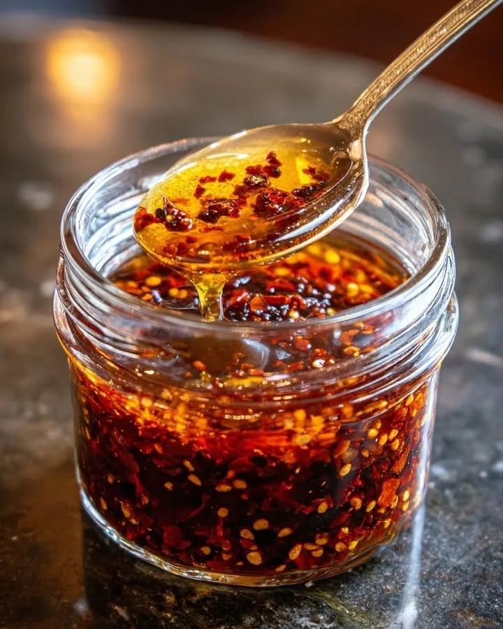 Honey Chili Crisp condiment in a jar with a spoon, showcasing its texture and color.
