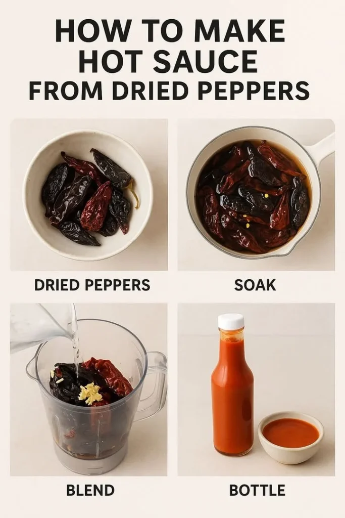 Homemade hot sauce made from dried peppers showcasing vibrant colors and ingredients.