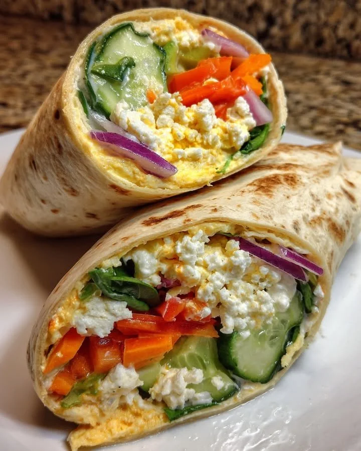 Hummus and feta veggie wrap garnished with garlic yogurt drizzle.