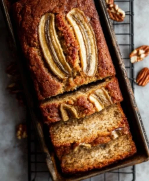 Slice of Ina Garten's moist banana bread on a wooden cutting board