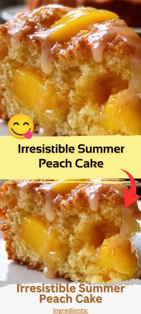 Irresistible summer peach cake topped with fresh peaches and whipped cream