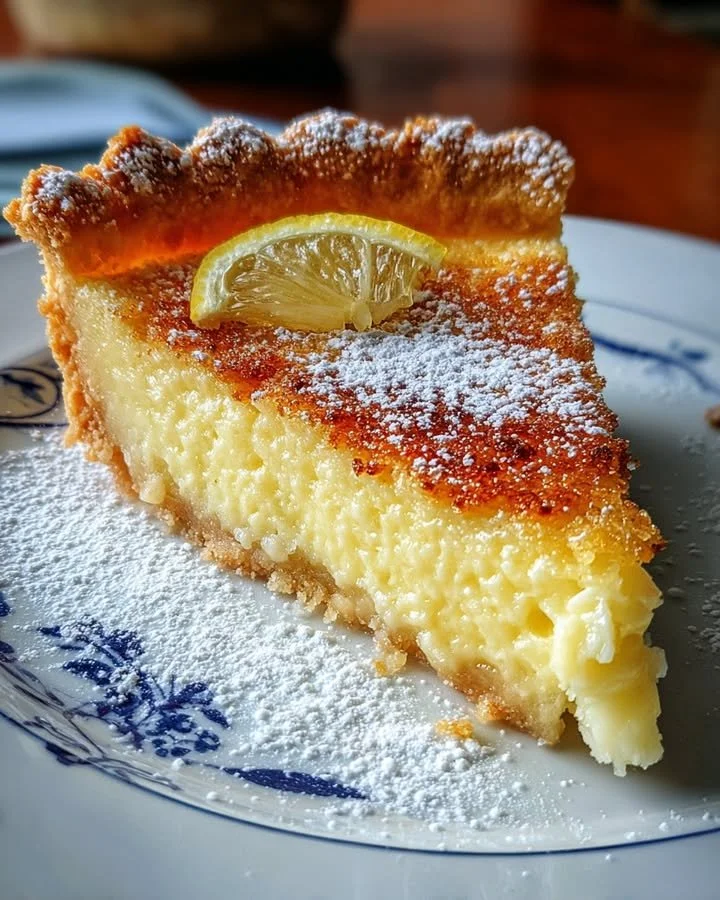 Sliced Italian Lemon Ricotta Pie garnished with lemon zest and mint leaves.