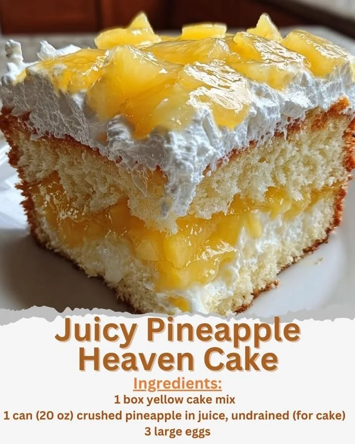 Delicious Juicy Pineapple Heaven Cake topped with fresh pineapple slices
