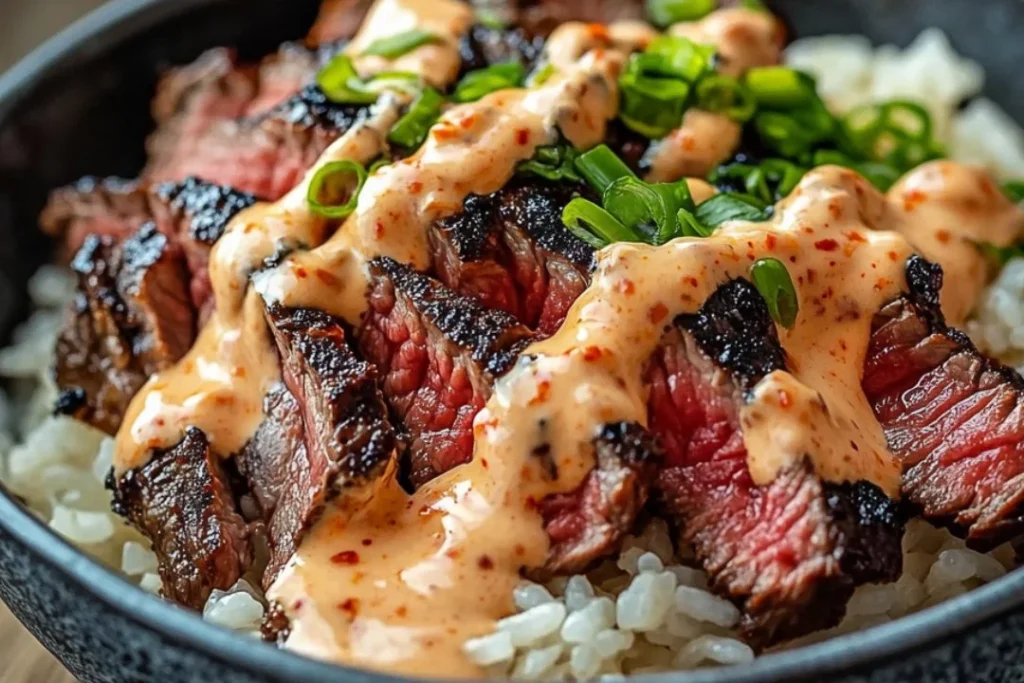 Korean BBQ steak rice bowl with vibrant vegetables and delicious marinade