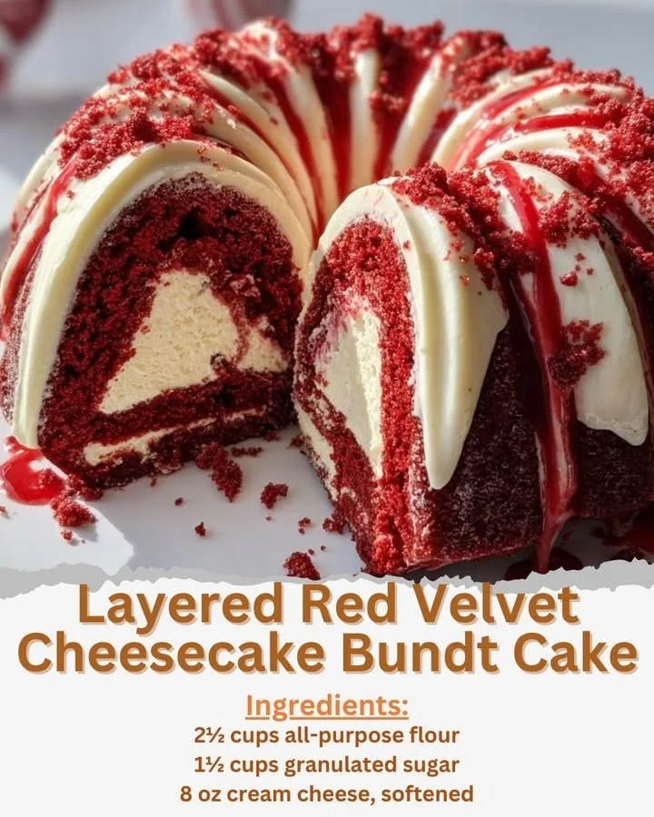 Layered Red Velvet Cheesecake Bundt Cake with cream cheese frosting