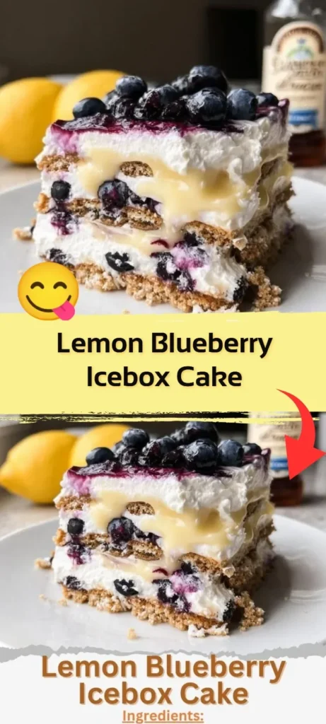 Delicious Lemon Blueberry Icebox Cake topped with fresh blueberries and lemon zest.