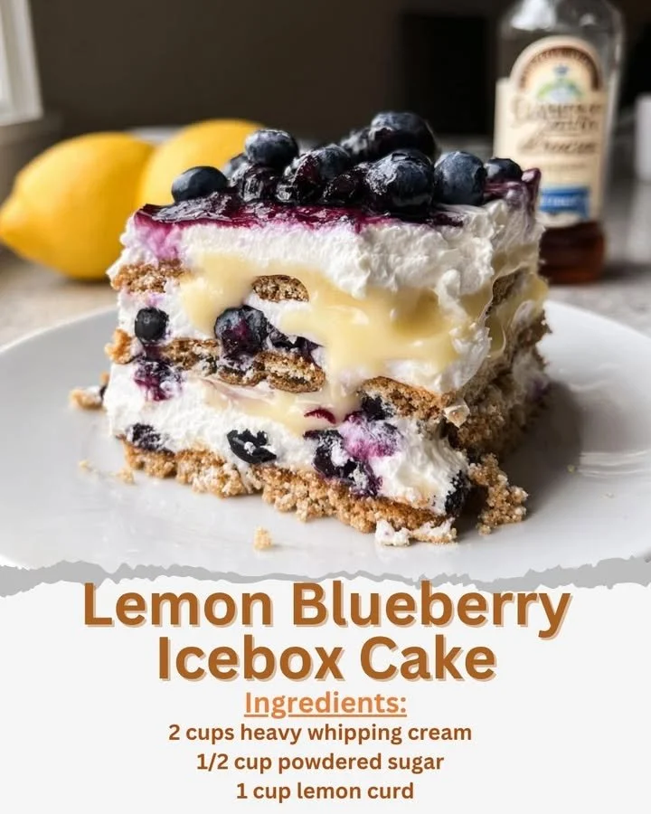 Lemon Blueberry Icebox Cake layered with fresh blueberries and lemon cream