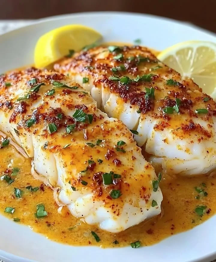 Delicious lemon butter baked cod served with fresh herbs and lemon wedges.
