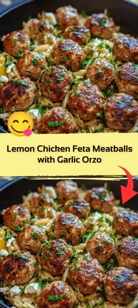 Delicious Lemon Chicken Feta Meatballs with Garlic Orzo on a plate