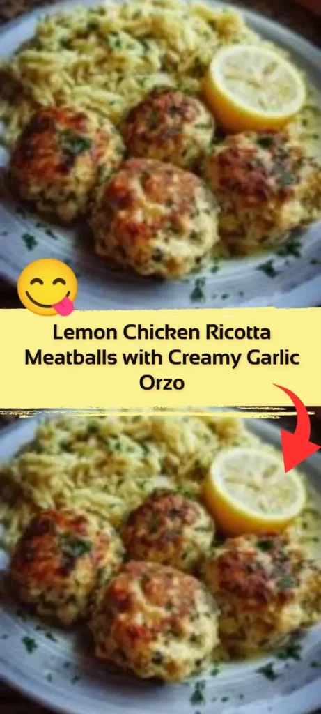 Lemon chicken ricotta meatballs served with creamy garlic orzo