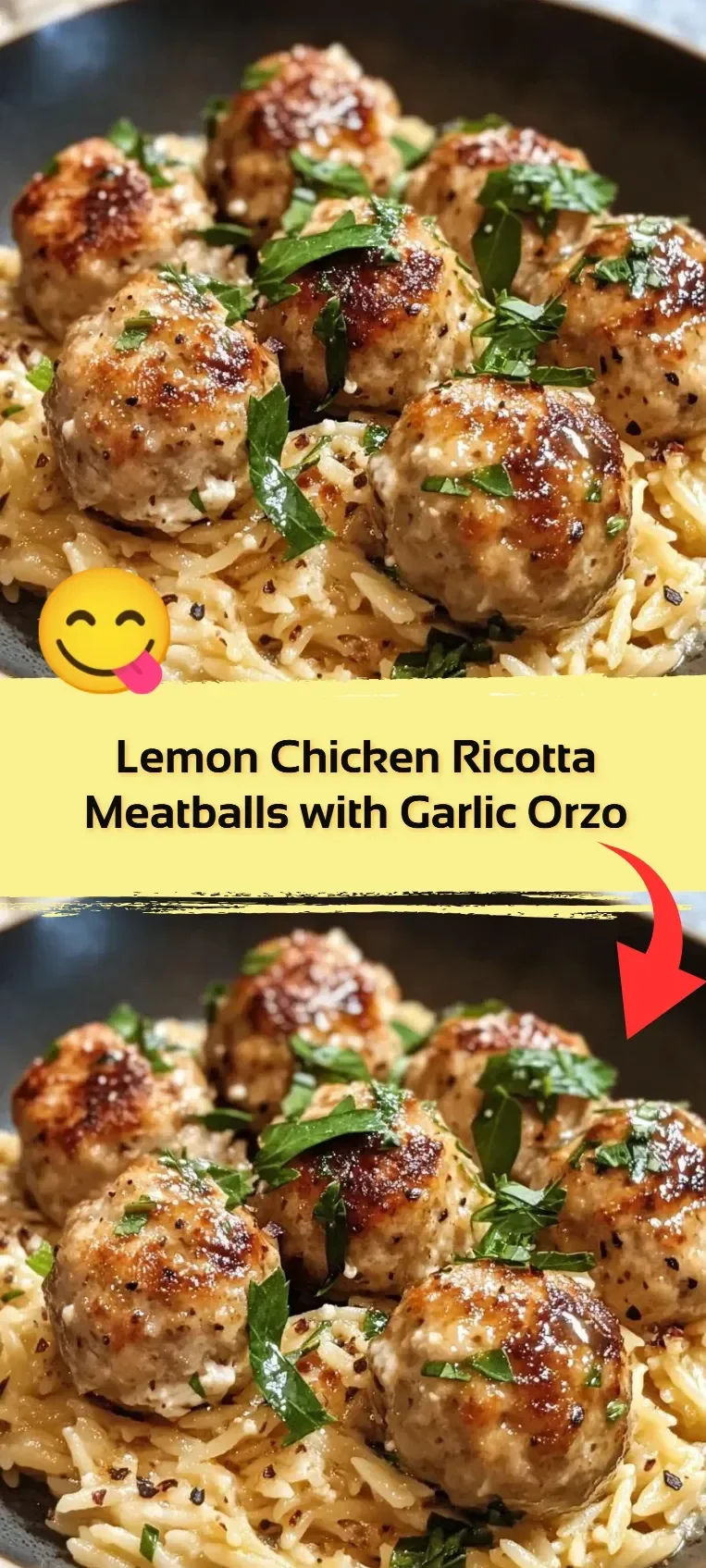 Lemon Chicken Ricotta Meatballs served with garlic orzo on a plate.
