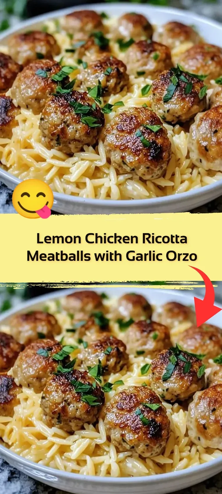 Plate of Lemon Chicken Ricotta Meatballs served with garlic orzo