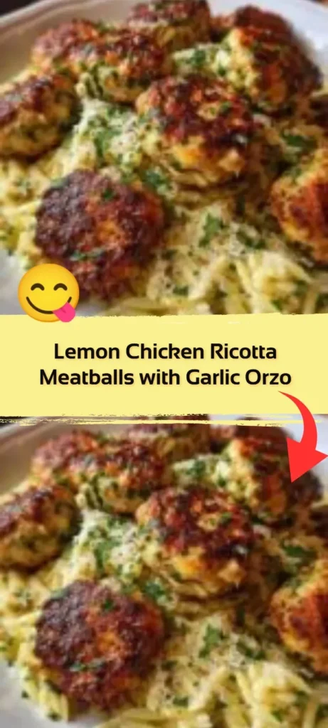 Lemon Chicken Ricotta Meatballs with Garlic Orzo served on a plate